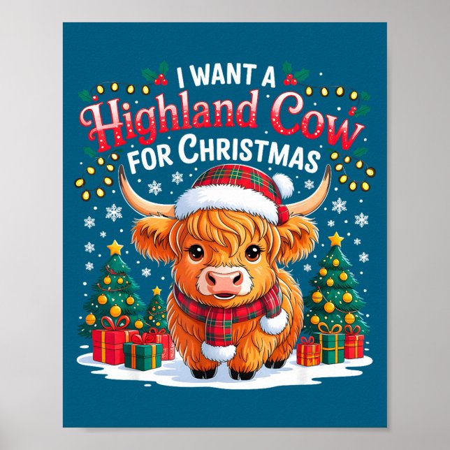 Cute Highland Cow Christmas Funny Santa Lights Hol Poster (Framsidan)