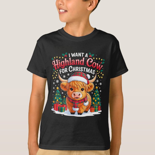 Cute Highland Cow Christmas Funny Santa Lights Hol T Shirt (Framsida)