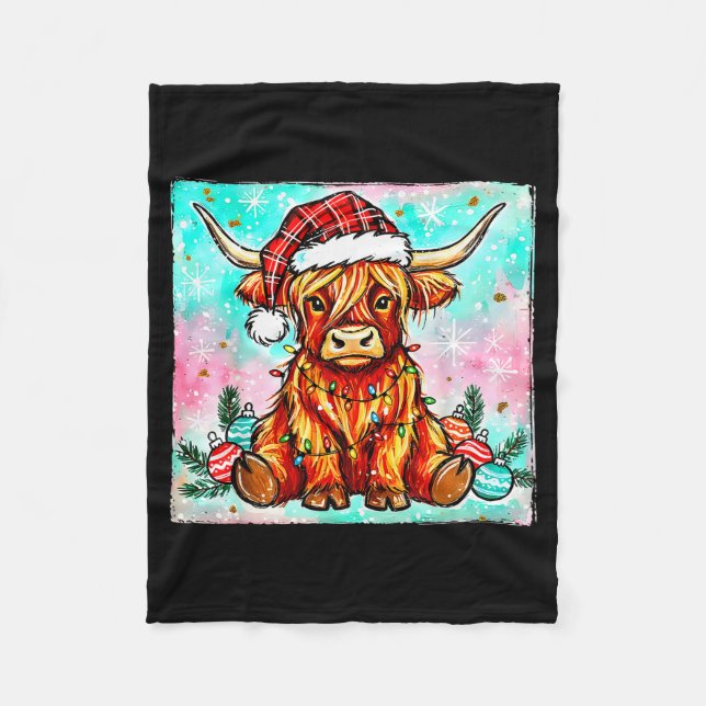 Cute Highland Cow Christmas Lights Merry Xmas Cows Fleecefilt (Framsidan)