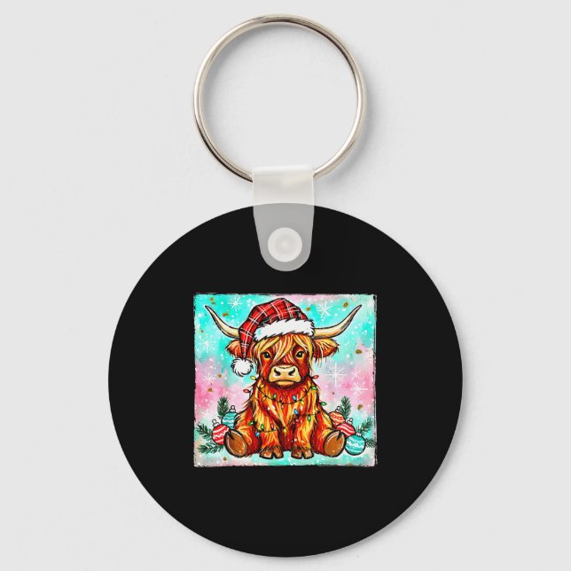 Cute Highland Cow Christmas Lights Merry Xmas Cows Nyckelring (Framsida)