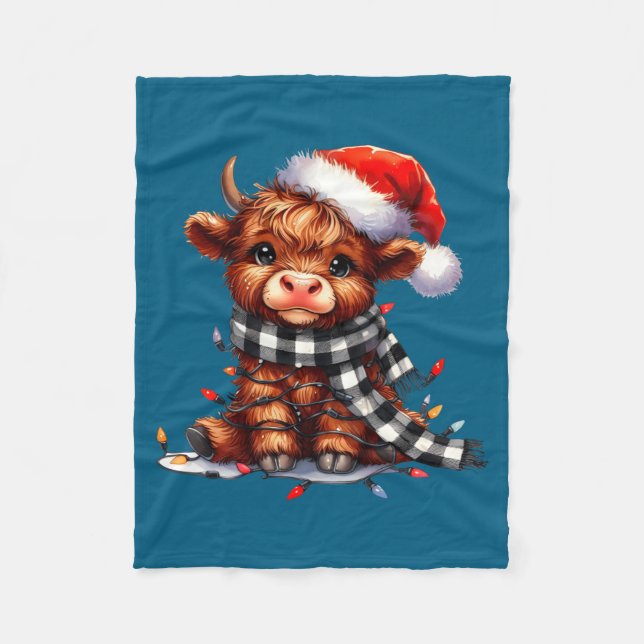 Cute Highland Cow Christmas Lights Santa Hat Winte Fleecefilt (Framsidan)