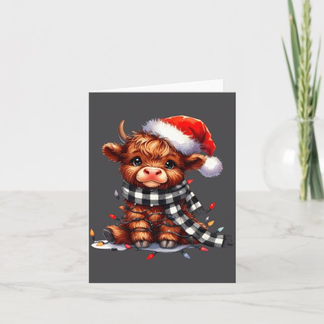 Cute Highland Cow Christmas Lights Santa Hat Winte Kort (Framsida)