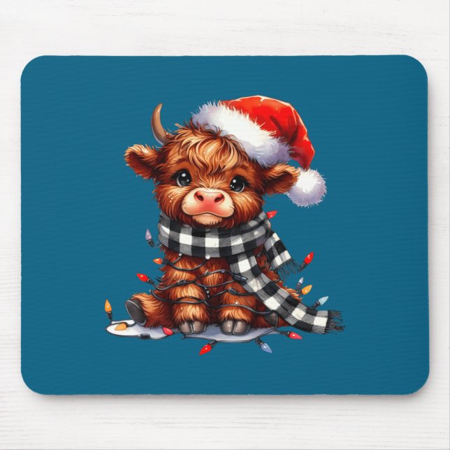 Cute Highland Cow Christmas Lights Santa Hat Winte Musmatta (Framsidan)