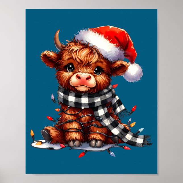 Cute Highland Cow Christmas Lights Santa Hat Winte Poster (Framsidan)