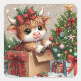 Cute Highland Cow Christmas Sticker Fyrkantigt Klistermärke