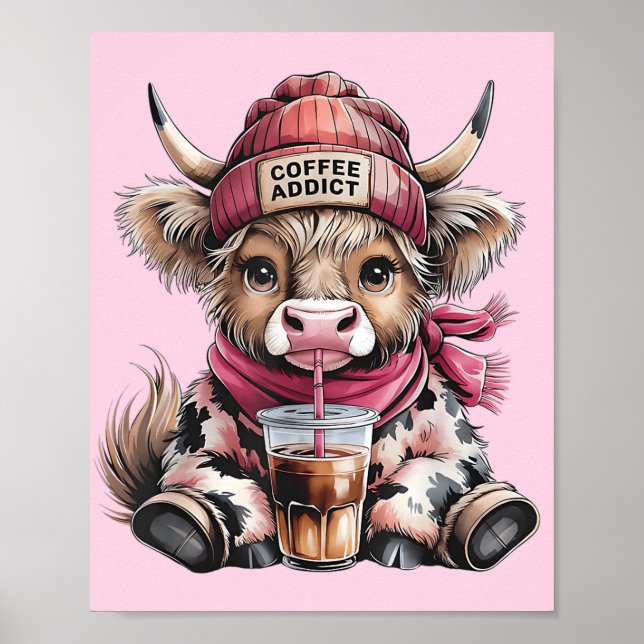 Cute Highland Cow Coffee Addict Funny Drink Coffee Poster (Framsidan)