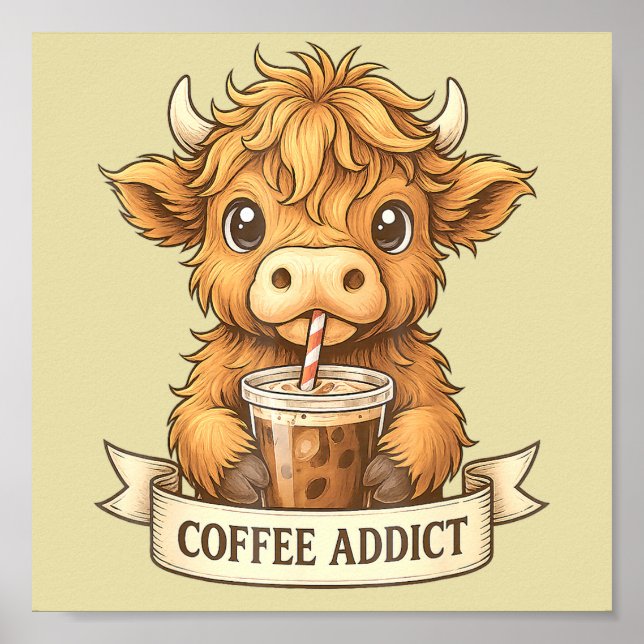 Cute Highland Cow Coffee Addict Funny Drink Coffee Poster (Framsidan)