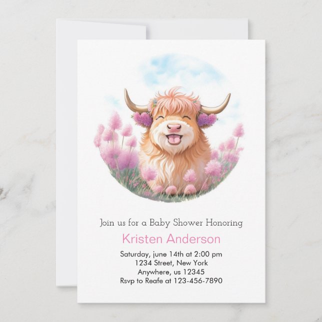 Cute Highland Cow Editable Rosa Girl Baby Shower Inbjudningar (Framsida)