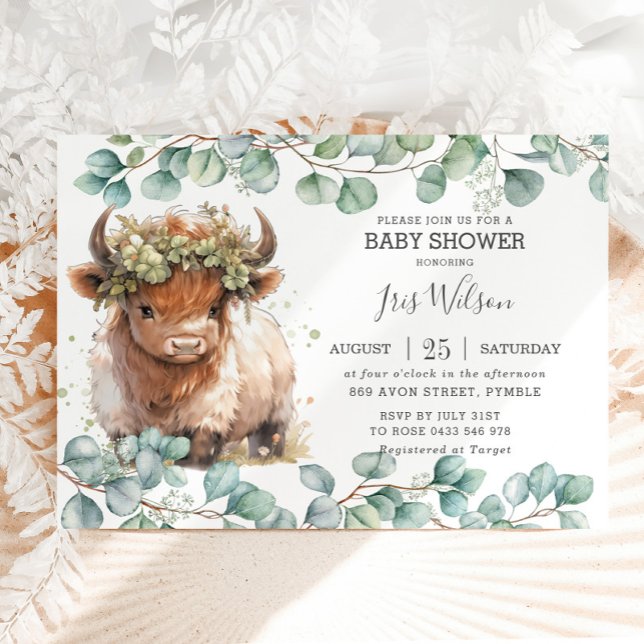 Cute Highland Cow Eucalyptus Greenery Baby Shower Inbjudningar (Skapare uppladdad)