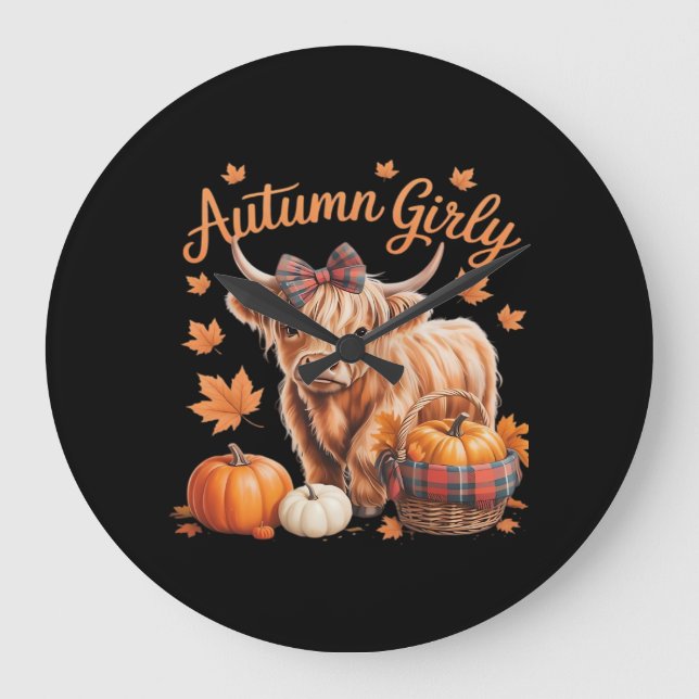 Cute Highland Cow Fall Autumn Girly Thanksgiving C Stor Klocka (Framsida)