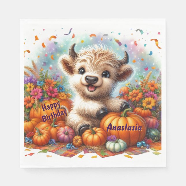 Cute Highland Cow Fall Birthday Party Napkins Pappersservett (Framsidan)