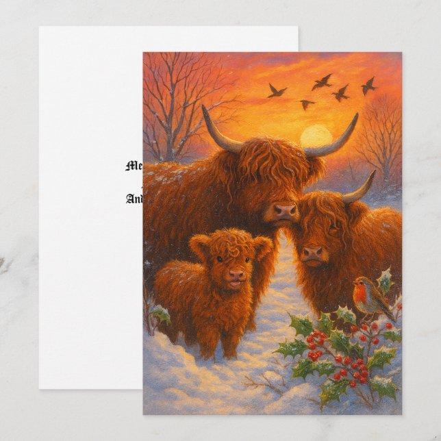 Cute Highland Cow Family In Snowy Woodland Sunset Julkort (Fram/baksida)