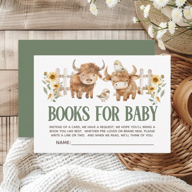 Cute Highland Cow Farm Animal Bokar Baby Tilläggskort (Cow and farm animal baby shower "Books for Baby" card)