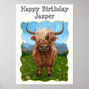 Cute Highland Cow Grattis på födelsedagen Poster