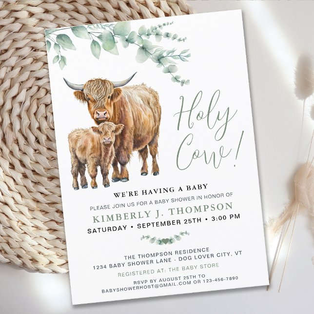 Cute Highland Cow Greenery Eucalyptus Baby Shower Inbjudningar (Skapare uppladdad)