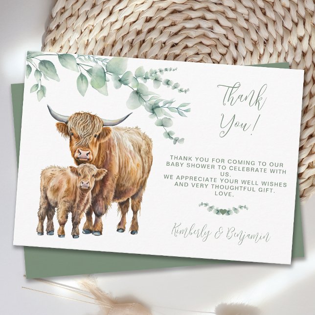Cute Highland Cow Greenery Eucalyptus Baby Shower Tack Kort (Skapare uppladdad)