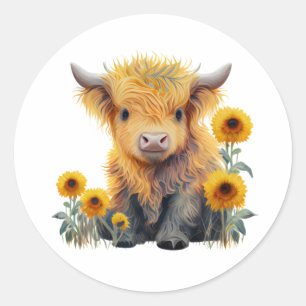 Cute Highland Cow Gult Solros Runt Klistermärke