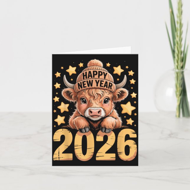 Cute Highland Cow Happy New Year 2026 Tee Funny An Kort (Framsida)