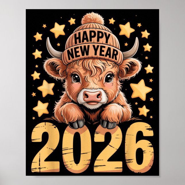 Cute Highland Cow Happy New Year 2026 Tee Funny An Poster (Framsidan)