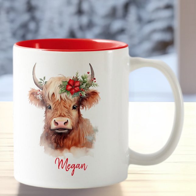 Cute Highland Cow Helgdag jultomten Hat Två-Tonad Mugg (Skapare uppladdad)