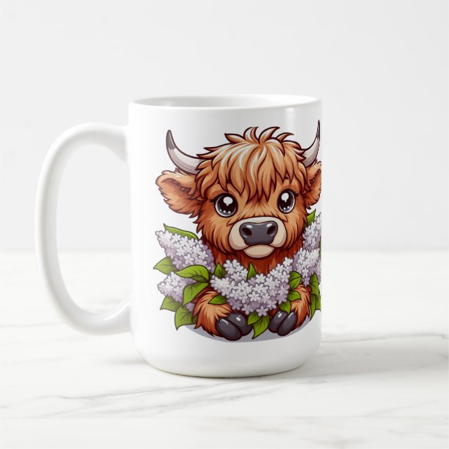 Cute Highland Cow Holding Lilacs Kaffemugg (Vänster)