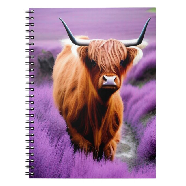 Cute Highland Cow i Lavender Fält Anteckningsbok (Framsidan)