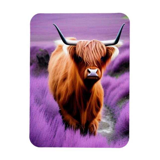 Cute Highland Cow i Lavender Fält Magnet (Vertikal)