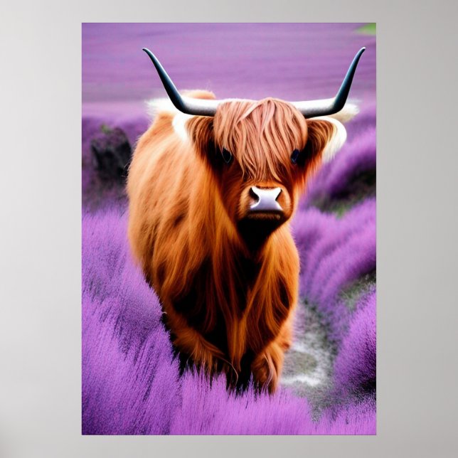 Cute Highland Cow i Lavender Fält Poster (Framsidan)