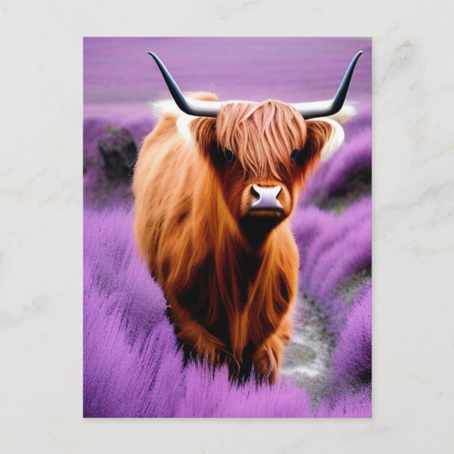 Cute Highland Cow i Lavender Fält Vykort (Framsida)