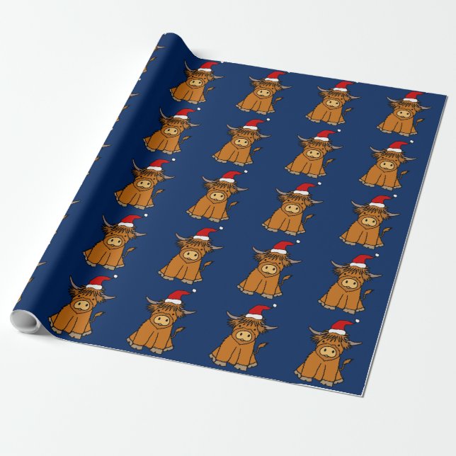 Cute Highland Cow in Santa hat Christmas Presentpapper (Utrullad)