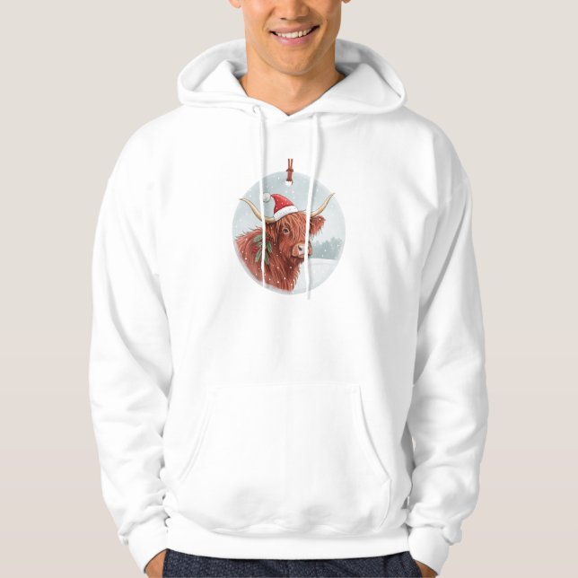 Cute Highland Cow in Santa Hat Christmas Sweatshir Hoodie (Framsida)