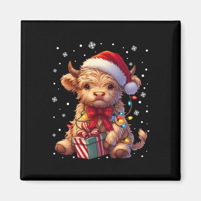 Cute Highland Cow Jul Highland Cow Julafton Sant Magnet (Framsidan)