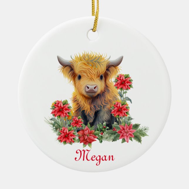 Cute Highland Cow Jul Personlig Namn Julgransprydnad Keramik (Framsidan)