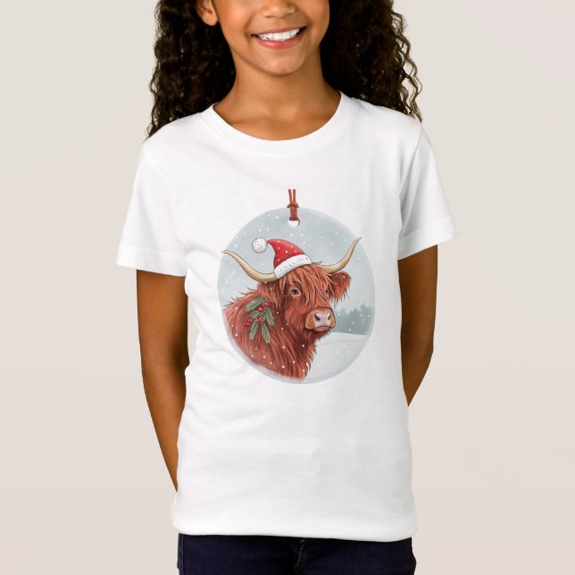 Cute Highland Cow Kids Christmas Shirt | Santa Hat T Shirt (Framsida)