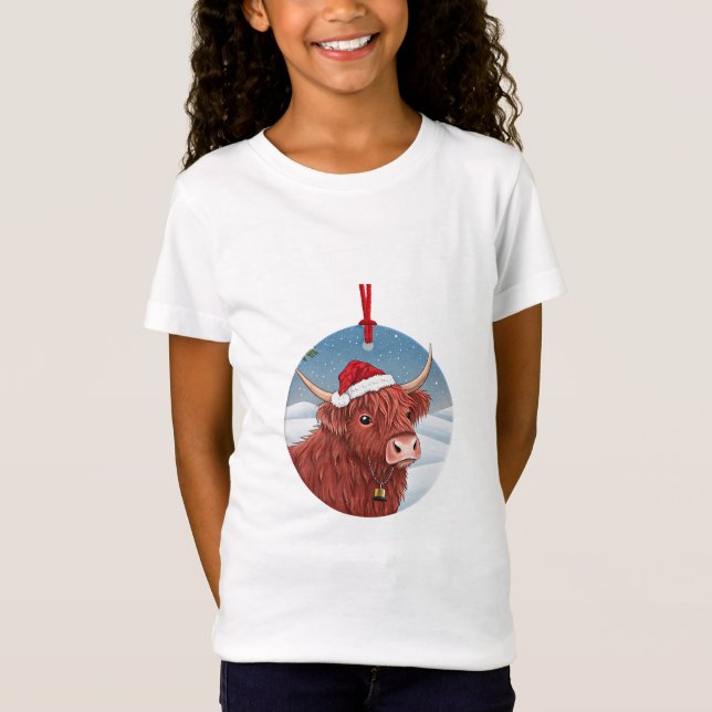 Cute Highland Cow Kids Christmas Shirt | Santa Hat T Shirt (Framsida)