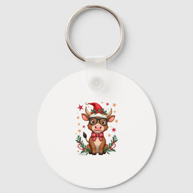 Cute Highland Cow Lover Santa Hat Western Christma Nyckelring (Framsida)