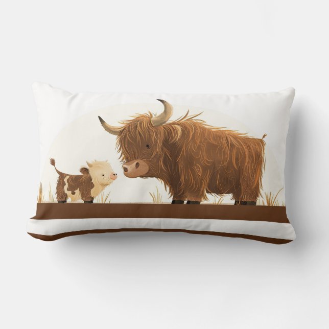 Cute Highland Cow Mamma och Calf Rustic Brown Rand Lumbarkudde (Framsida)