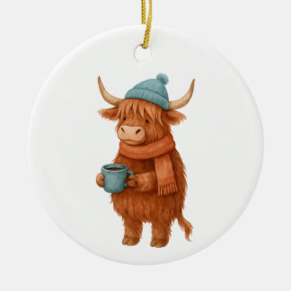 Cute Highland Cow med kaffe - Mysigt vinter Julgransprydnad Keramik