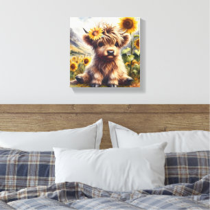 Cute Highland Cow med solblommor Canvastryck