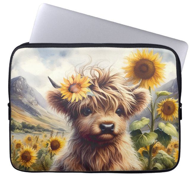 Cute Highland Cow med solblommor Laptop Fodral (Framsidan)