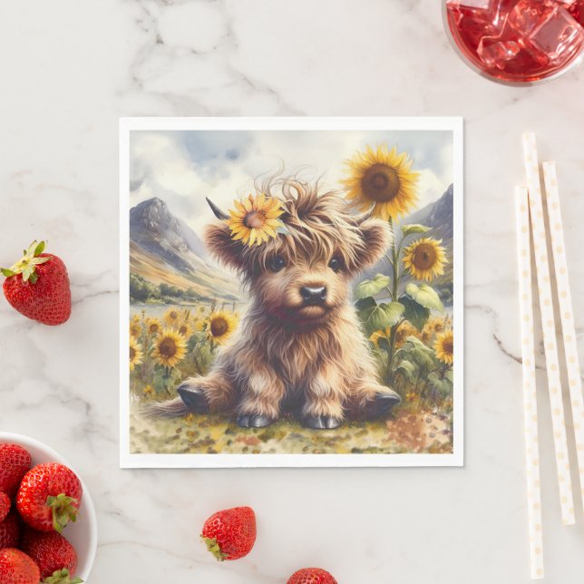 Cute Highland Cow med solblommor Pappersservett (Insitu)