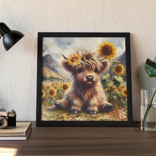 Cute Highland Cow med solblommor Poster (Skapare uppladdad)