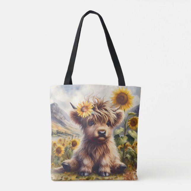 Cute Highland Cow med solblommor Tygkasse (Baksida)