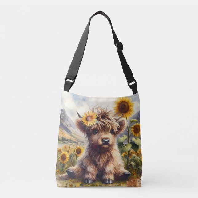 Cute Highland Cow med Sunblommor Crossbody Bag Axelväska (Framsida)
