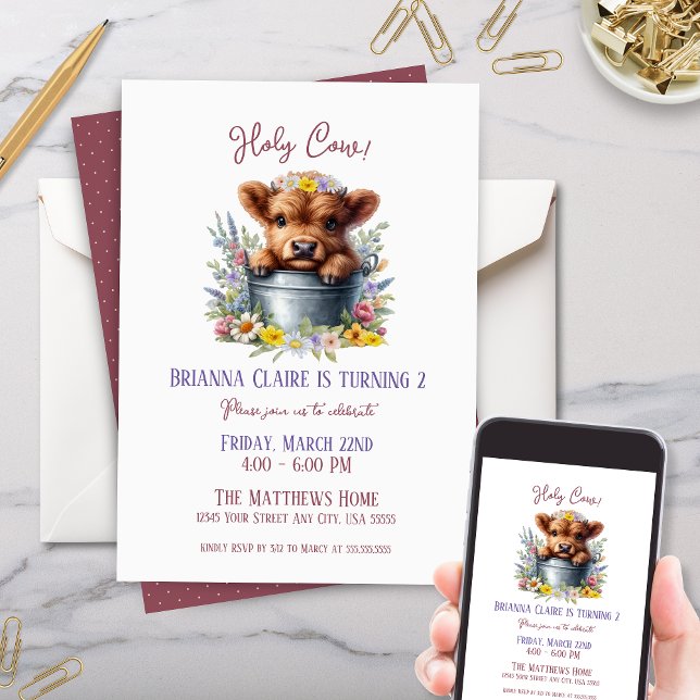 Cute Highland Cow med Wildblommor Barns födelsedag Inbjudningar (Cute wildflower highland cow theme kids baby birthday party invitation for country floral party)