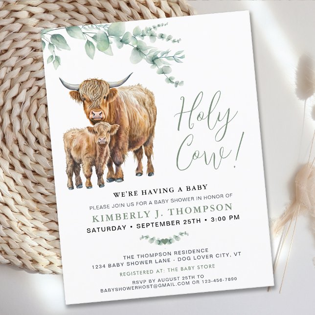 Cute Highland Cow Modern Eucalyptus Baby Shower Inbjudan Vykort (Skapare uppladdad)