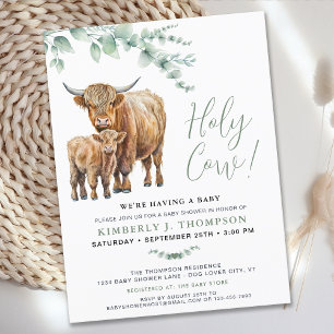 Cute Highland Cow Modern Eucalyptus Baby Shower Vykort
