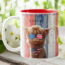 Cute Highland Cow Patriotic USA flagga Sunglass Två-Tonad Mugg