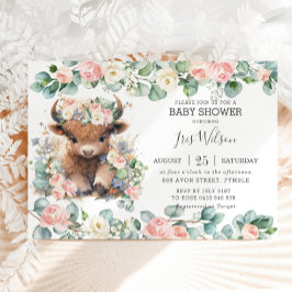 Cute Highland Cow Rosa Blommigt Greenery Baby Show Inbjudningar