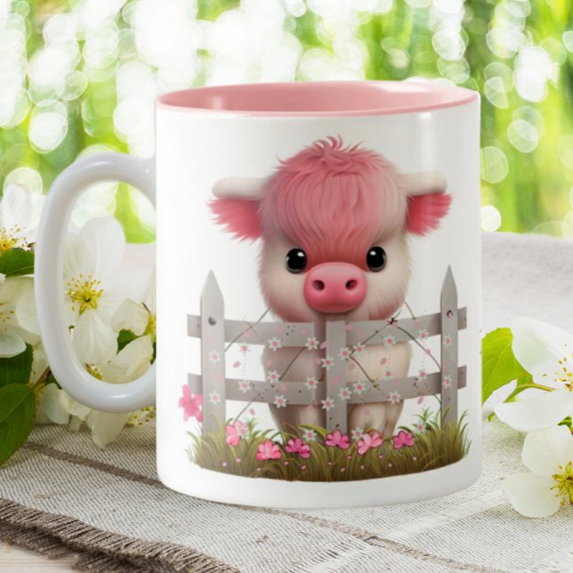 Cute Highland Cow Rosa Blommigt Personlig Två-Tonad Mugg (Skapare uppladdad)